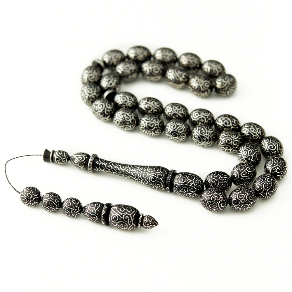 The Serene Spirals Masterclass Misbaha- Ebony and Fine Silver (999) : 33 Beads, 13mm