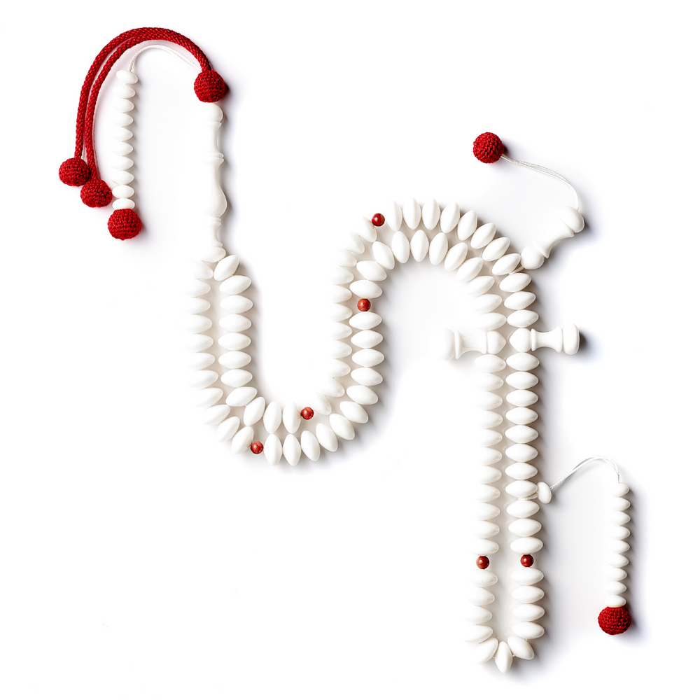 The Dignified Disks Misbaha: Red Jasper & Dromedary - 99 Beads, 12mm